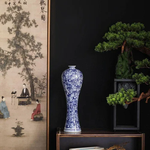 Miniatura 2 de Jarrón de cerámica de porcelana azul y blanca de 13 pulgadas, hecho a mano, decorativo para sala de estar, decoración del hogar, oficina, centro
