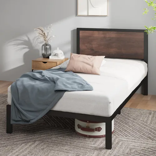 ZINUS Mory - Marco de cama de metal y madera, soporte de listones de madera, no necesita somier, fácil de montar, tamaño individual