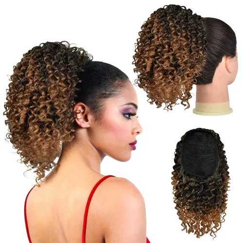 Miniatura 8 de PEACOCO Cola de caballo afro rizada con cordón para mujeres negras, extensiones de cola de caballo afro de 6 pulgadas, cabello sintético