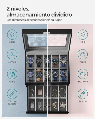 Miniatura 74 de SONGMICS UJWB012 - Caja de reloj de 12 ranuras, caja de reloj con cerradura con tapa de vidrio, 2 capas, con 1 cajón para anillos, pulseras, idea