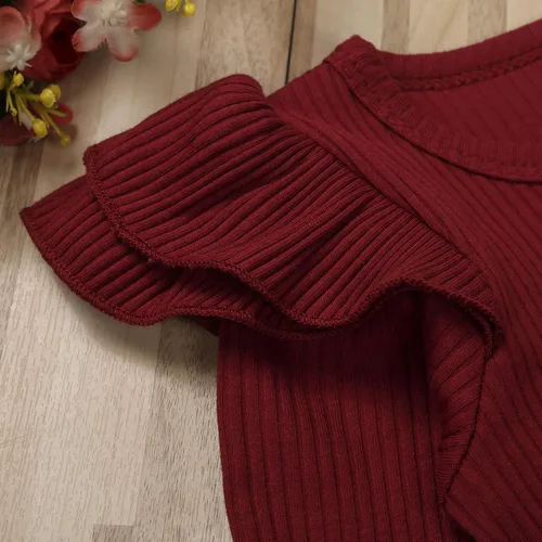 Miniatura 4 de Ropa para bebé y niña, acanalado, con volantes, manga larga, mameluco, pantalones acampanados, color sólido, otoño, invierno, trajes de 2 piezas
