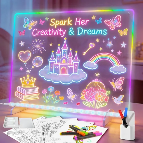 Led Drawing Board with 8 Colors, 13"x10" Acrylic Message Boards with 13 Light Effects, Glow Doodle Board Gifts for Kids for Halloween Christmas