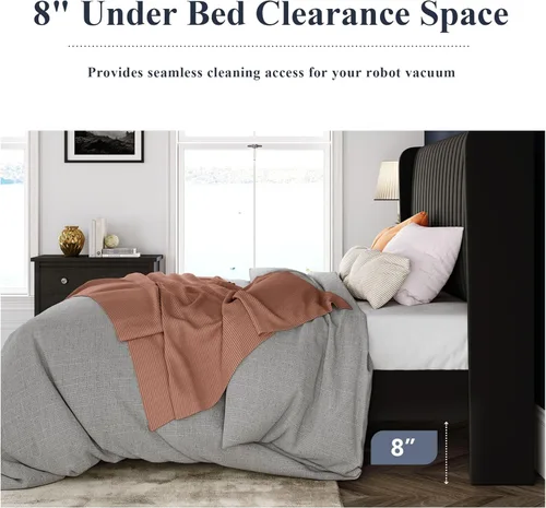 Miniatura 7 de Allewie - Base de cama tamaño King con cabecera acolchada en terciopelo y diseño acanalado vertical; plataforma de cama tapizada; listones de madera