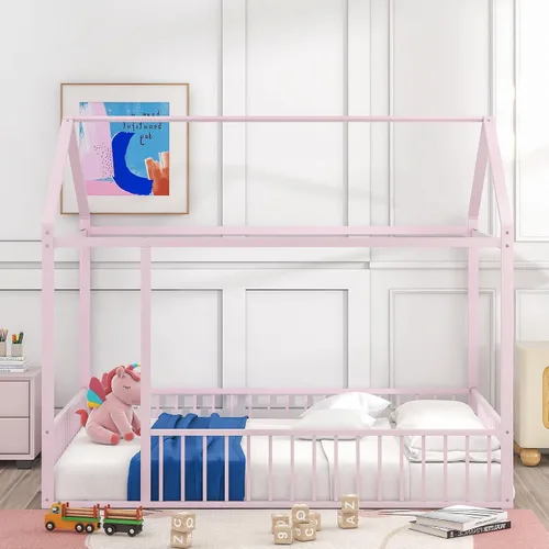 Miniatura 12 de CITYLIGHT Cama de casa tamaño individual para niños, cama Montessori de metal con diseño de valla, cama de suelo individual con rieles para niñas