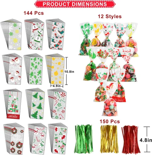 Miniatura 2 de KIMOBER 144 bolsas de dulces de celofán de Navidad, bolsas de golosinas de celofán con lazos giratorios para suministros de fiesta de Navidad