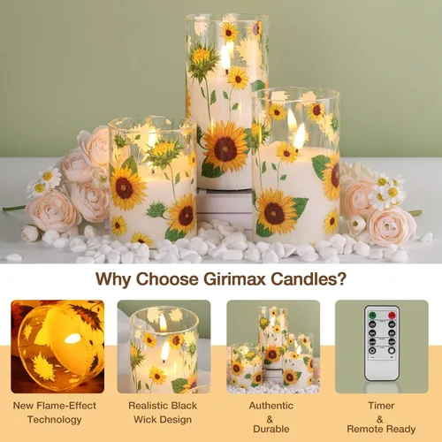 Miniatura 5 de Juego de 3 velas de pilar sin llama de vidrio de girasol con control remoto, velas LED parpadeantes para decoración del hogar de verano