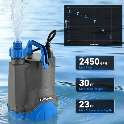 Miniatura 2 de Bomba de agua sumergible, 1/3 HP 2450GPH Bomba de agua termoplástica eléctrica portátil de transferencia para piscina, sótano, inundación, jardín