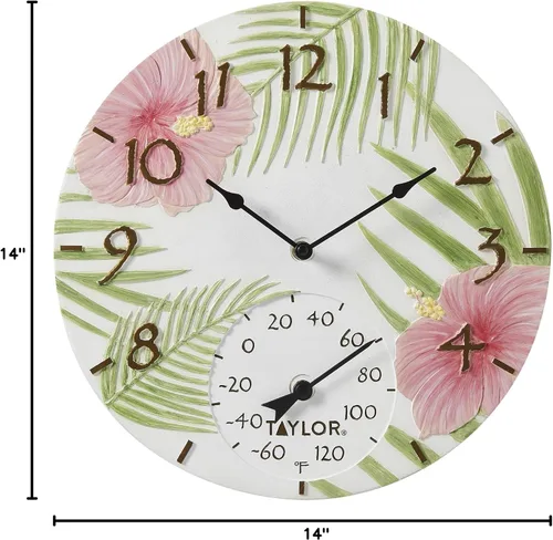 Miniatura 8 de Taylor Reloj y termómetro de poliresina de hibisco rosa para interiores y exteriores, decoración del hogar para jardín, patio, piscina y áreas
