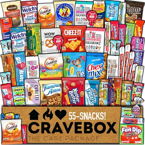 CRAVEBOX Paquete variado de cajas de aperitivos (55 unidades) para el Día del Padre, cesta de regalo para adultos, niños, nietos, chicos, niñas,