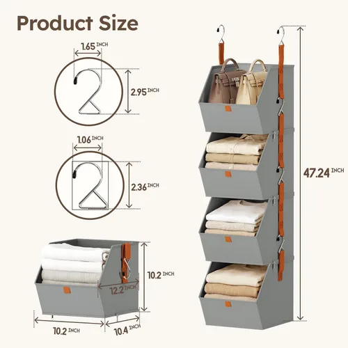 Miniatura 7 de Homsorout Organizador de Armario Colgante de 4 Niveles - Estantes Colgantes para Ropa, Sistema de Armario Ahorro de Espacio, Contenedores de Gris