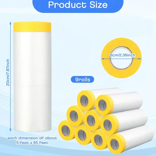 Miniatura 2 de Seajan 9 rollos de plástico con cinta adhesiva precintada para pintar pintura automotriz, película protectora, rollo de cinta adhesiva de plástico