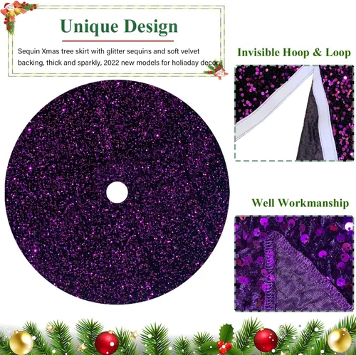 Miniatura 2 de Faldas de árbol moradas de Navidad de 21 pulgadas, faldas de árbol de lentejuelas con purpurina, decoración de tela de terciopelo, falda de árbol