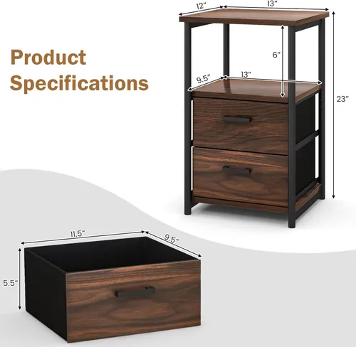 Miniatura 3 de Tangkula Mesita de noche, mesa auxiliar de sofá con estante abierto y 2 cajones, mesa de noche con marco de metal, cómoda de madera con 2 cajones