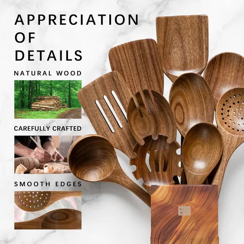 Miniatura 4 de cucharas de madera para cocinar, juego de utensilios de cocina antiadherentes con 10 piezas de espátulas y cucharas de madera de acacia para 10