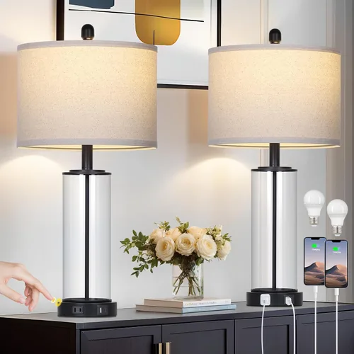Juego de 2 lámparas de mesa de cristal negro de 26 pulgadas, lámpara de sala de estar con control táctil regulable de 3 vías con puertos USB C+A y