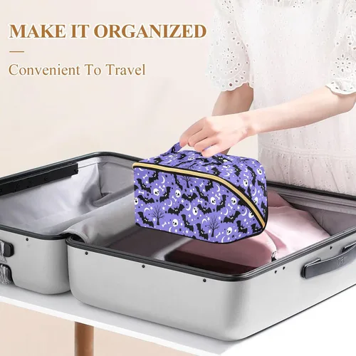 Miniatura 4 de Bolsa Organizadora de Maquillaje, Bolsa de Maquillaje de Halloween con Murciélagos Negros y Cielo Nocturno con Estrellas, Bolsa de Maquillaje