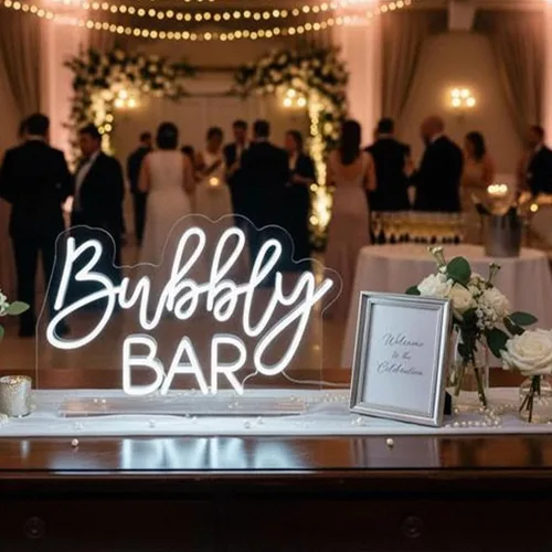 Letrero de neón Bubbly Bar, hecho a mano, luz LED de neón blanca con soporte para boda, compromiso, evento, fiesta, baby shower, hogar, champán,