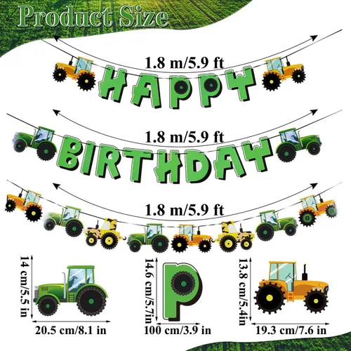 Miniatura 2 de SUNBEAUTY Juego de pancartas de feliz cumpleaños de tractor verde con guirnalda de tractor para decoración de fiestas de cumpleaños con temática