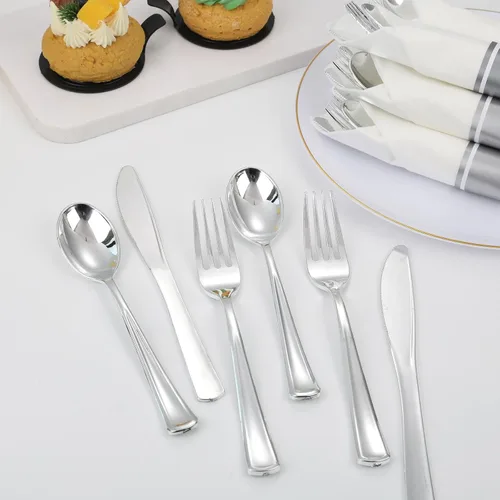 Miniatura 5 de Supernal Paquete de 120 cubiertos de plástico plateado, cubiertos de plástico enrollado, servilletas preenrolladas con juego de cubiertos, juego