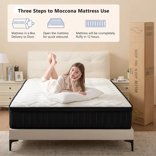 Miniatura 12 de Moccona Colchón híbrido King de 14 pulgadas con espuma viscoelástica, colchón en una caja con resortes individuales en bolsillo, colchón de firmeza