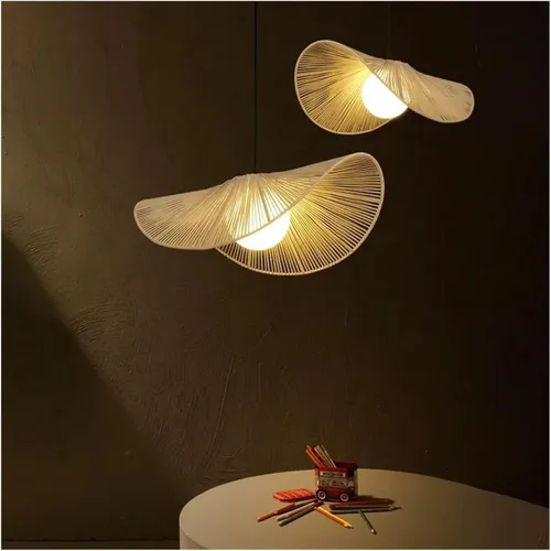 Miniatura 3 de Genérico Araña moderna, escandinavo en V - Tirada de cuerda de algodón, sombrero de paja LED colgante de luz para restaurante, bar, cafetería, Blanco