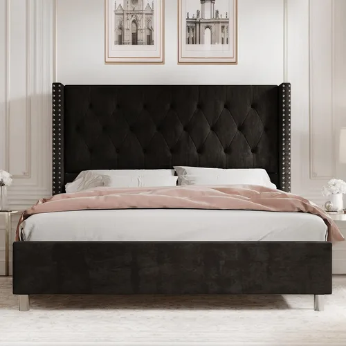 Miniatura 9 de PaPaJet Marco de Cama Queen Tapizado con Cabecera Alta, Cama de Plataforma Wingback, Terciopelo Capitoné de Perfil Bajo, No Necesita Somier, Fácil