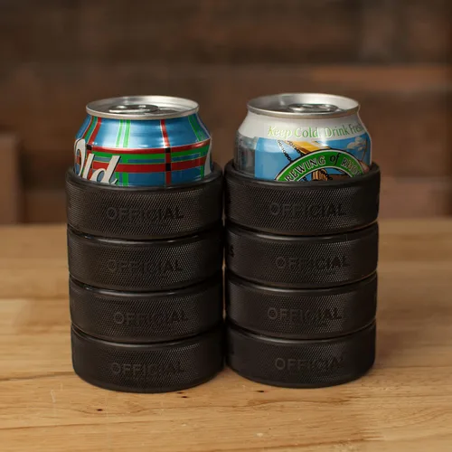 Miniatura 9 de Enfriador de latas de cerveza hecho de 4 discos de hockey sobre hielo reales, soporte aislado de 12 onzas para regalos de papá de hockey