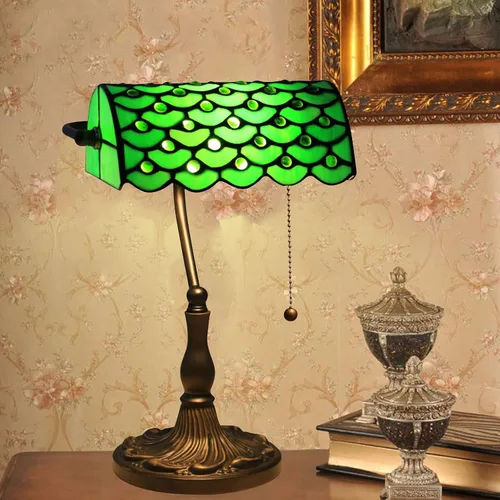 Miniatura 4 de Green Bankers - Lámpara de mesa vintage, luz de escritorio retro, lámpara de escritorio de oficina de vidrieras Tiffany, lámpara de cuentas
