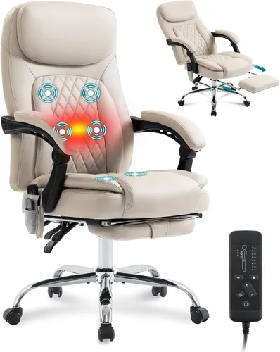 Miniatura 12 de Silla de oficina de masaje de 6 puntos con silla de oficina térmica y ergonómica con reposapiés y respaldo alto reclinable de 45°, silla de oficina