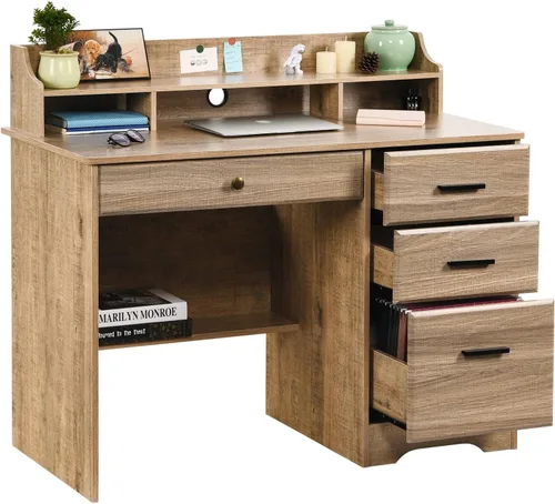 Miniatura 9 de Escritorio blanco para oficina en casa con 4 cajones y gabinete, mesa de computadora para dormitorio, blanco roto