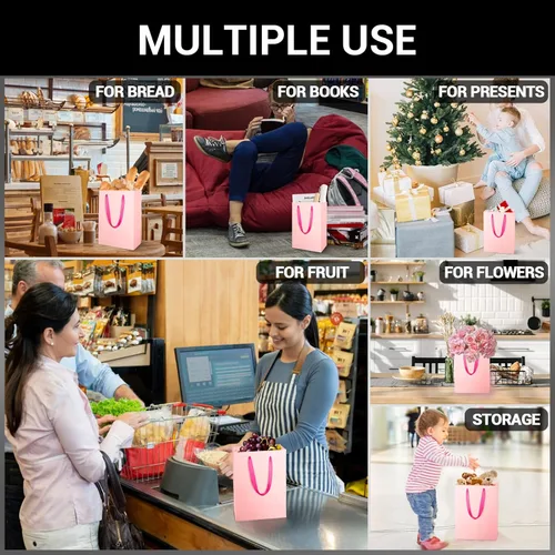 Miniatura 4 de EUSOAR Bolsas pequeñas de color rosa para regalo, paquete de 12 bolsas de compras de 5.9 x 2.3 x 7.8 pulgadas con asas a granel, bolsas de regalo