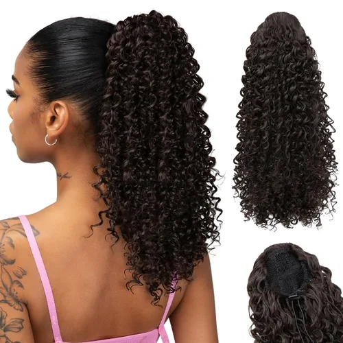 Miniatura 23 de Extensión de cabello corto negro con cordón para mujeres negras, cola de caballo recta de 14 pulgadas con rizos finales, postizos sintéticos