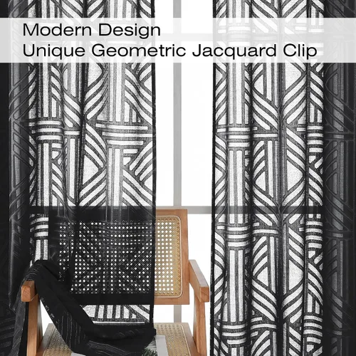 Miniatura 4 de Simplebrand Cortinas traslúcidas negras de cocina de 24 pulgadas de largo, 2 paneles, filtrado de luz, geométrico jacquard con textura, cortinas