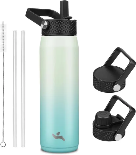 Miniatura 117 de Konokyo - Botella de agua aislada de 18 onzas, botellas deportivas de acero inoxidable con 3 tapas, verde militar