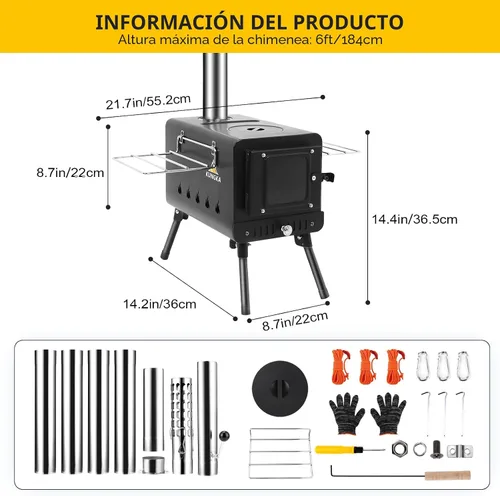 Miniatura 6 de Estufa de Tienda de Leña Negra, Chimenea de Acero Inoxidable de 7 Secciones, Estufa de Tienda Caliente Portátil para Acampar, Caza, Pesca en Hielo
