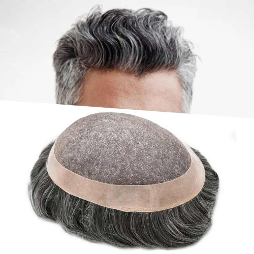 Miniatura 9 de Tupé para hombre, pieza de cabello humano real, monofilamento, tupé para hombres, postizos, unidades de sistema de reemplazo de cabello, gris