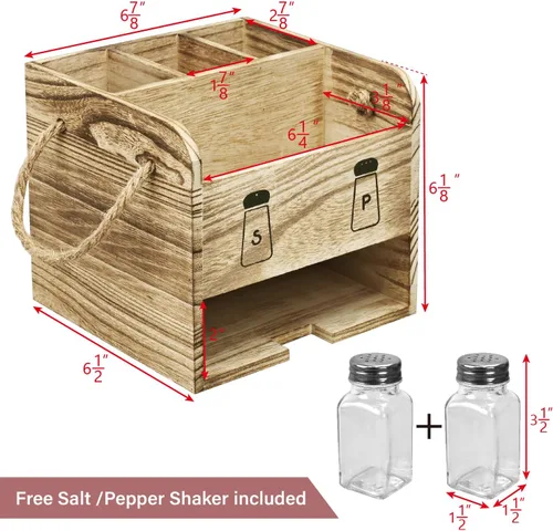 Miniatura 2 de Ikee Design Organizador de utensilios de madera, organizador de cubiertos con 5 ranuras, cuenta con asas e incluye salero y pimentero, ideal