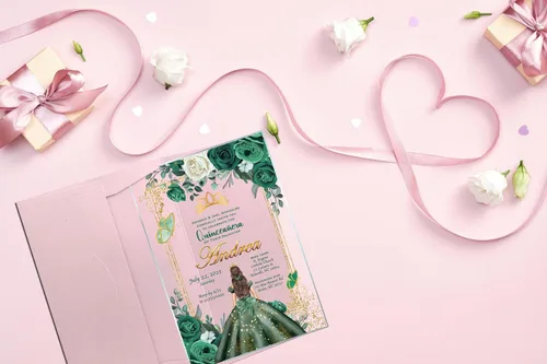 Miniatura 6 de Avior Invitación de quinceañera Vestido verde esmeralda Invitación de vidrio acrílico, Mis Membrillo, Dulce 15, Dulce 16, Diseño floral, xv anos, 15