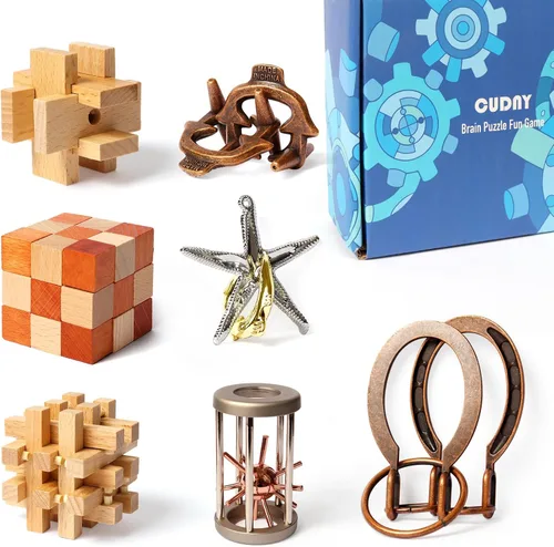 Miniatura 7 de CUDNY 7 Piezas Desbloquear Rompecabezas Interconectados de Lógica Retro de Madera y Metal Juegos de Rompecabezas de Cerebro IQ Lógica Divertido Caja