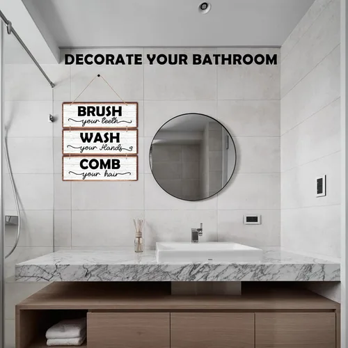 Miniatura 3 de Letrero de madera rústica para colgar en la pared con texto en inglés «Wash Your Hands», «Brush Your Teeth Peine Your Hair», letrero decorativo