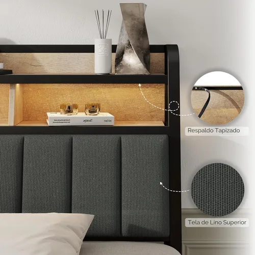 Miniatura 7 de Cabecera completa solo con almacenamiento, cabeceros tapizados para cama de tamaño matrimonial con luz LED, estación de carga, altura ajustable