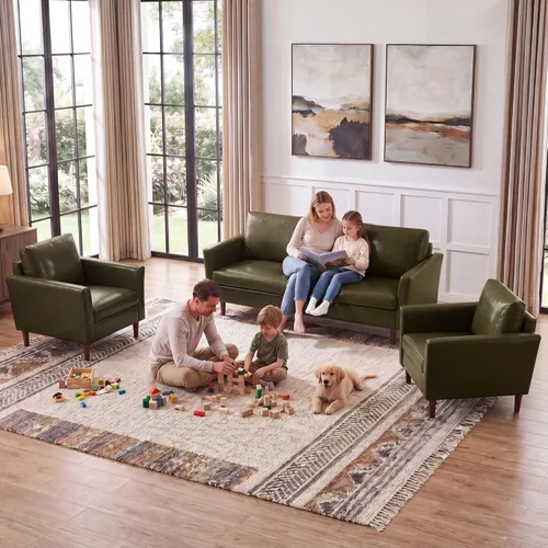 Miniatura 44 de Kingfun Juego de muebles de sala de estar, sofá de 3 plazas, sofá biplaza y sofá biplaza, juego de sofá moderno de mediados de siglo, sofá de piel