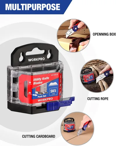 Miniatura 4 de WORKPRO - Juego de 50 cuchillas para cuchillo utilitario con dispensador, cortador de caja de acero SK5, cuchillas estándar para reemplazo