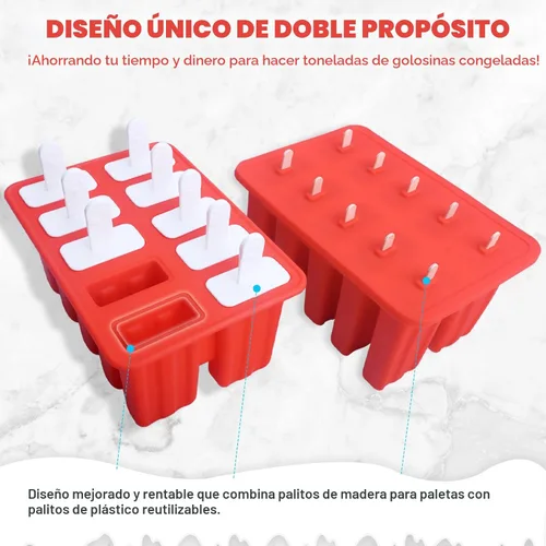 Miniatura 2 de Miaowoof Moldes caseros para paletas de hielo, fabricante de paletas de hielo de silicona de 10 cavidades sin BPA, con 50 palitos, 50 bolsas, 10 Rojo