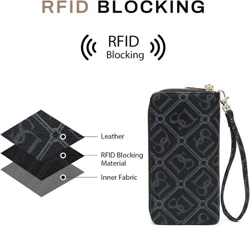 Miniatura 5 de Dasein Cartera con bloqueo RFID para mujer, bolsa de mano de gran capacidad, funda para teléfono con correa para la muñeca, Ds-negro, Cartera