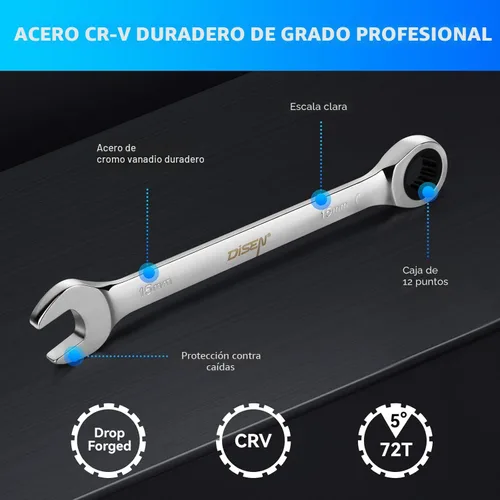 Miniatura 5 de DISEN Juego de 10 llaves de trinquete SAE y métricas con organizador de estante, acero CR-v premium, 12 puntos, 72 dientes, extremo de caja