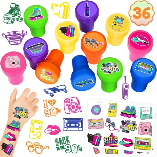 36 recuerdos de fiesta de los años 90 – 24 tatuajes temporales y 12 sellos – Ideal para decoración de tarjetas de cumpleaños con temática retro de