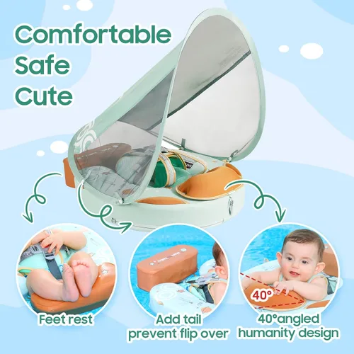 Miniatura 8 de Mambobaby - Flotador de piscina para bebé no inflable con cola y toldo, protección solar UPF 50+, sin volteo, flotador de natación para bebé