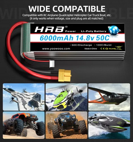 Miniatura 5 de HRB - Batería Lipo de 14.8 V 6000 mAh 4S 50C con enchufe XT60 compatible con avión RC, helicóptero RC, coche RC, camión RC, barco RC