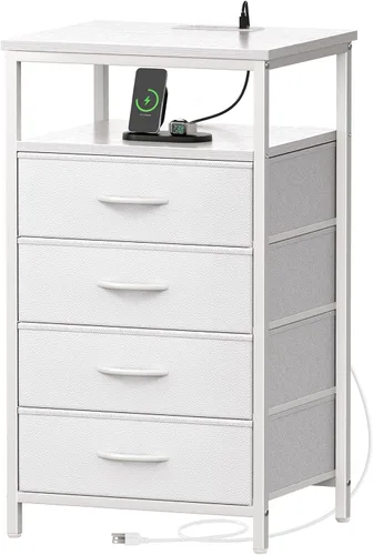 Miniatura 28 de Huuger Cómoda blanca con 5 cajones y estación de carga, cómoda alta para dormitorio, mesita de noche alta con acabado de piel sintética, estante